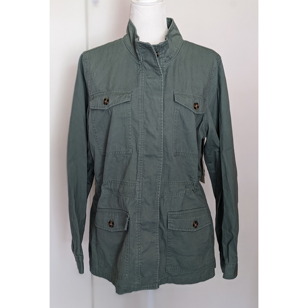 St John's Bay | Twill Jacket Olive Green Drawstring Waist Button Down Sz L